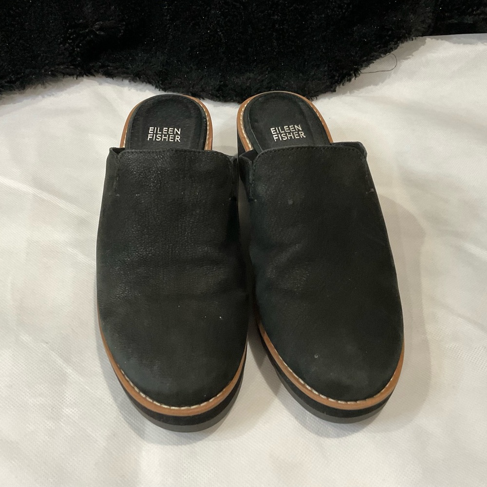 Eileen Fisher Loti Black Leather Wedge Mule Women Size 7
